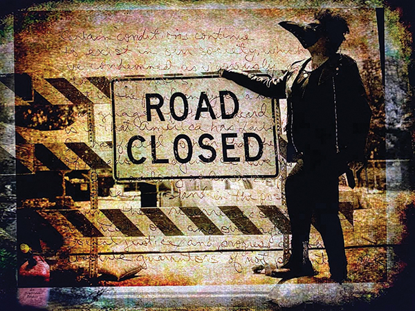 The multiple layers of “Road Closure” ask the viewer to consider the collective weariness over peaceful protests that continue to leave Black voices unheard.