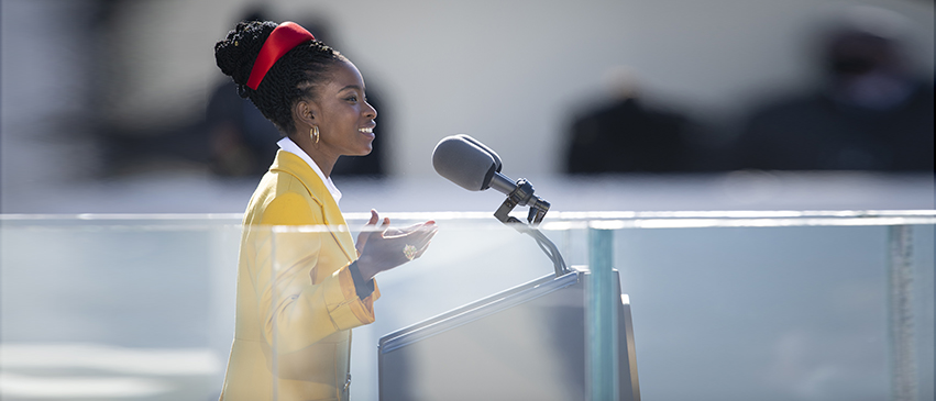 Amanda Gorman recites her poem, “The Hill We Climb,” during the 59th presidential inauguration ceremony in Washington, DC, January 20, 2021. DOD photo by Navy Petty Officer 1st Class Carlos M. Vazquez II