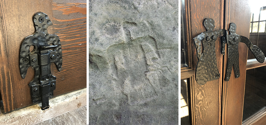 Left: Native American culture is visibly expressed in handmade iron door hinges and other building embellishments throughout the lodge. Center: Native American petroglyphs found at the park were incorporated into the lodge's design—note the thunderbird carving beneath the chimney on the opposite page.