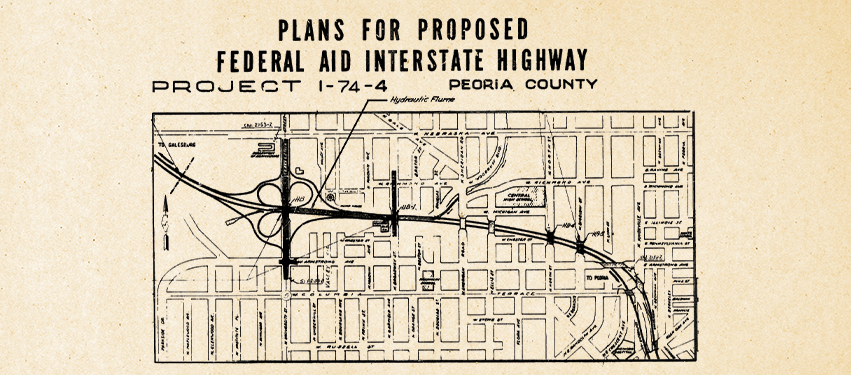 The natural valley at Dry Run Creek helped dictate the direction of I-74 as it left downtown Peoria. Courtesy of Peoria Public Library Local History Collection