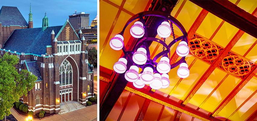 Left: The Scottish Rite Cathedral, Photo by David Vernon. Right: Where they were once masked by carpet and drop ceilings, much of the original woodwork and masonry have been uncovered and restored. Photo by Adeline Ferolo