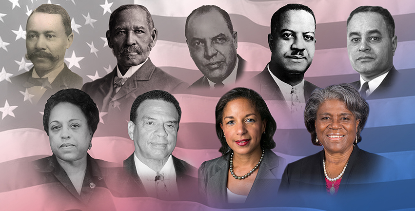 L-R, top: Ebenezer Bassett, Mifflin Wistar Gibbs, Edward Dudley, Jesse D. Locker, Ralph Bunche. Bottom: Edith Sampson, Andrew Young, Susan Rice, Linda Thomas-Greenfield