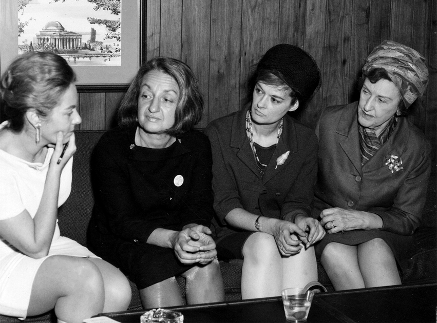 National Organization of Women (NOW) members in 1968: Teresa Billington, NOW founder and president Betty Friedan, Barbara Ireton, and Marguerite Rawalt. Smithsonian Institution Archives/Wikimedia Commons
