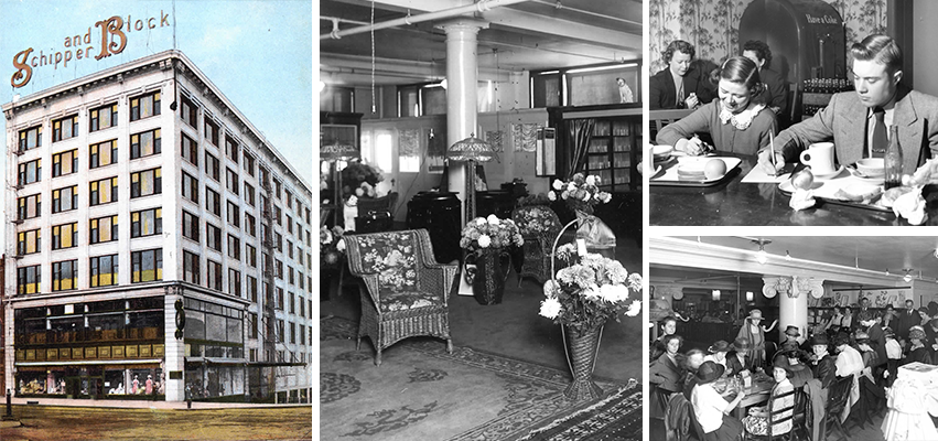 Photo Collage:  Photo of the Schipper and Black Building, Customers eating in a restaurant, a showroom and a couple working during lunch.