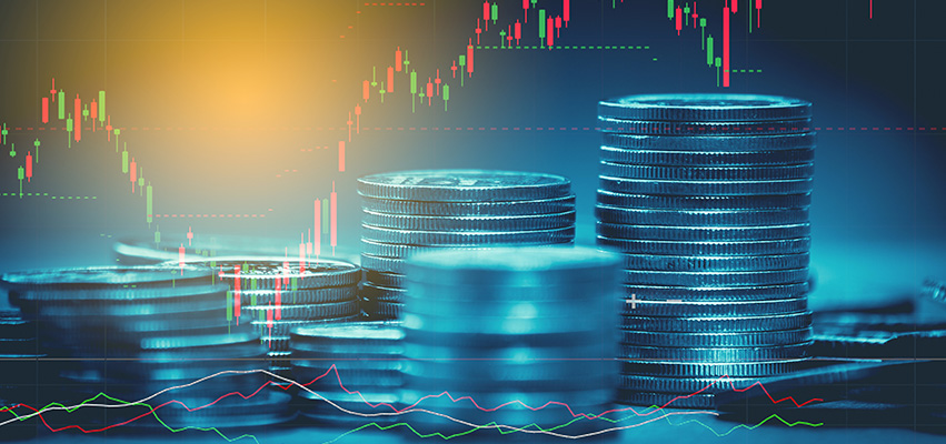 Stacks of coins with graphics over top.