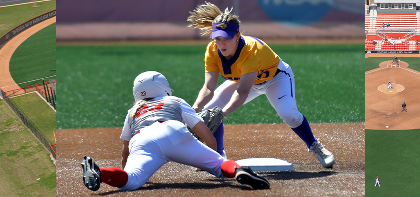 Softball player sliding onto base