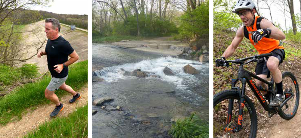 Person jogging, a flowing water way, and someone riding a bike 