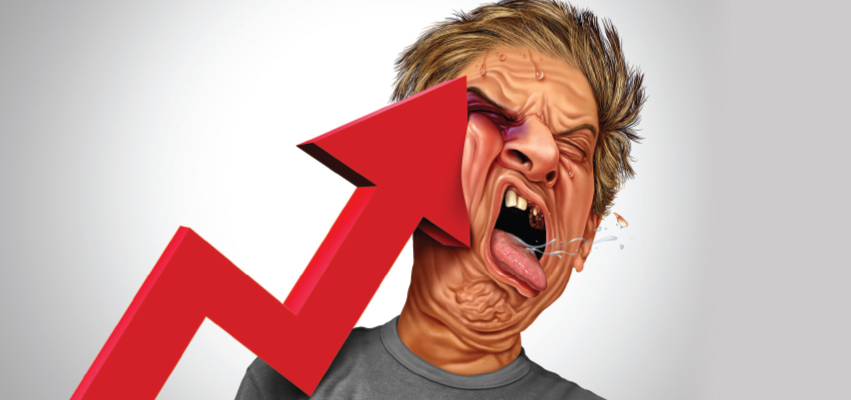 Graphic of bar graph arrow hitting a mans head