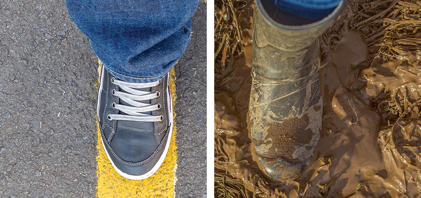 Foot on a street and a foot in the mud