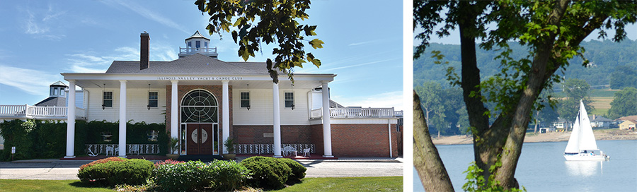 Photos of the Illinois Valley Yacht and Canoe Club: the building, a sail boat on the river.