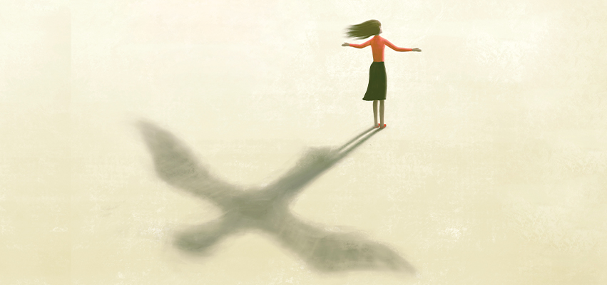 Illustration of a woman with arms stretched out, her shadow is of a bird.