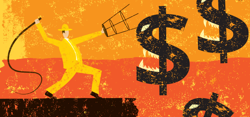 Cartoon of a man with a whip and chair taming dollar sign monsters